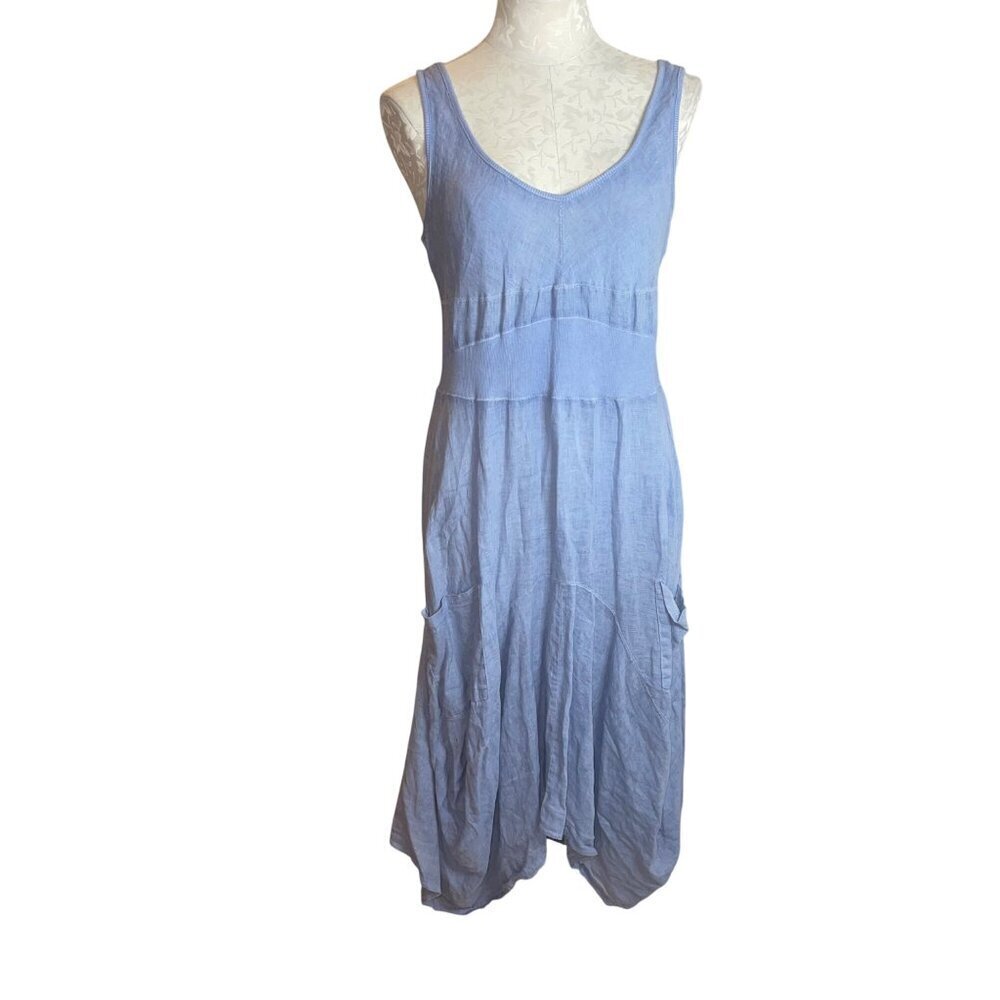 Inizio Womens Dress Size Large Blue Magic Two Pocket Sleeveless Midi Linen
